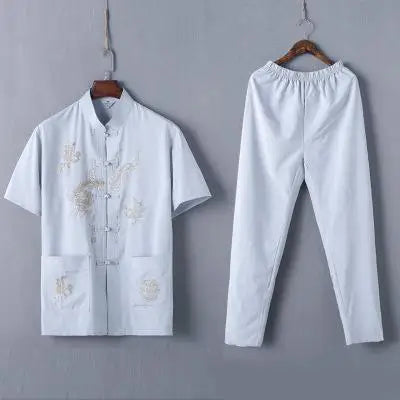 Casual Mandarin Collar Short Sleeve Shirt&amp;Pant For Men Oriental Male Dragon Tang Suit Chinese Traditional Kung Fu Clothing