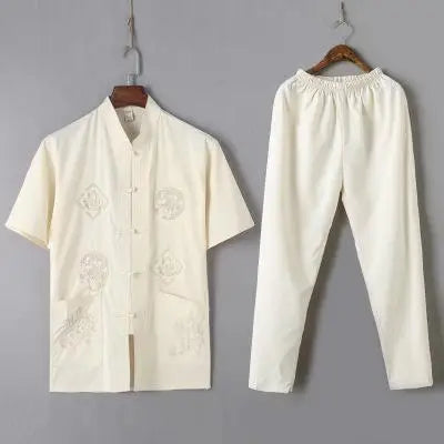 Casual Mandarin Collar Short Sleeve Shirt&amp;Pant For Men Oriental Male Dragon Tang Suit Chinese Traditional Kung Fu Clothing