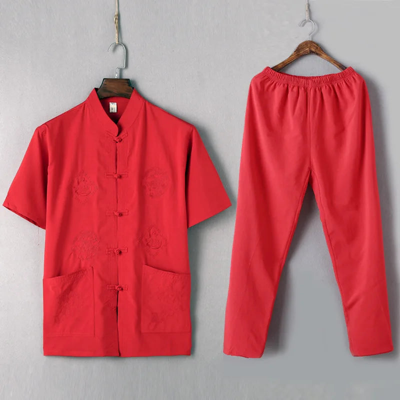 Casual Mandarin Collar Short Sleeve Shirt&amp;Pant For Men Oriental Male Dragon Tang Suit Chinese Traditional Kung Fu Clothing