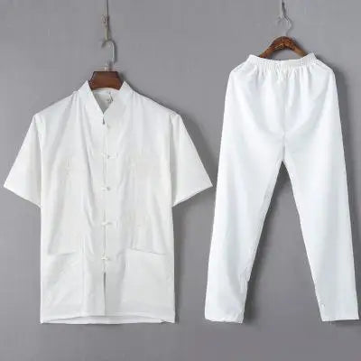 Casual Mandarin Collar Short Sleeve Shirt&amp;Pant For Men Oriental Male Dragon Tang Suit Chinese Traditional Kung Fu Clothing