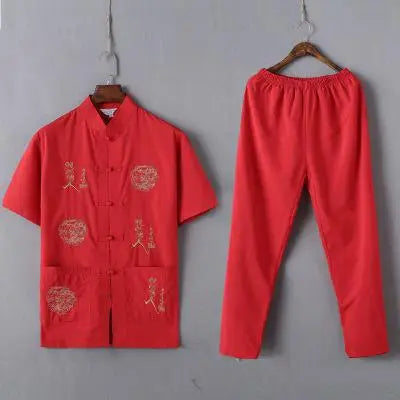 Casual Mandarin Collar Short Sleeve Shirt&amp;Pant For Men Oriental Male Dragon Tang Suit Chinese Traditional Kung Fu Clothing