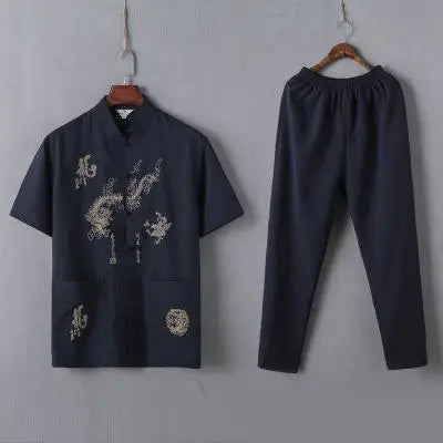 Casual Mandarin Collar Short Sleeve Shirt&amp;Pant For Men Oriental Male Dragon Tang Suit Chinese Traditional Kung Fu Clothing