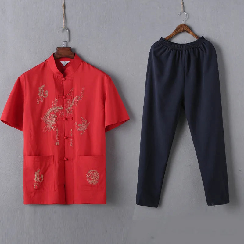 Casual Mandarin Collar Short Sleeve Shirt&amp;Pant For Men Oriental Male Dragon Tang Suit Chinese Traditional Kung Fu Clothing