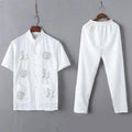Casual Mandarin Collar Short Sleeve Shirt&amp;Pant For Men Oriental Male Dragon Tang Suit Chinese Traditional Kung Fu Clothing