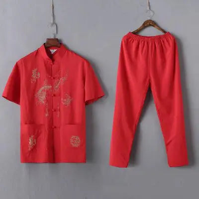 Casual Mandarin Collar Short Sleeve Shirt&amp;Pant For Men Oriental Male Dragon Tang Suit Chinese Traditional Kung Fu Clothing