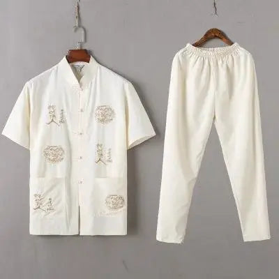 Casual Mandarin Collar Short Sleeve Shirt&amp;Pant For Men Oriental Male Dragon Tang Suit Chinese Traditional Kung Fu Clothing