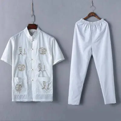 Casual Mandarin Collar Short Sleeve Shirt&amp;Pant For Men Oriental Male Dragon Tang Suit Chinese Traditional Kung Fu Clothing