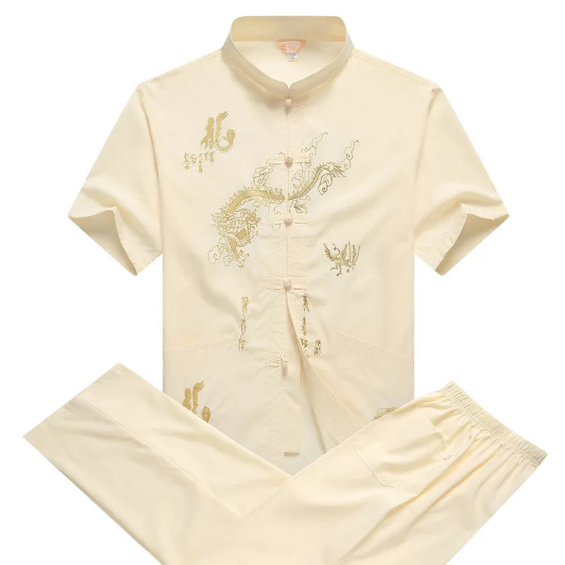 Casual Mandarin Collar Short Sleeve Shirt&amp;Pant For Men Oriental Male Dragon Tang Suit Chinese Traditional Kung Fu Clothing