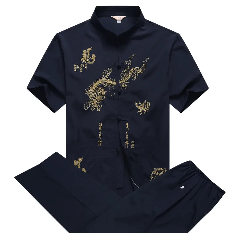 Casual Mandarin Collar Short Sleeve Shirt&amp;Pant For Men Oriental Male Dragon Tang Suit Chinese Traditional Kung Fu Clothing