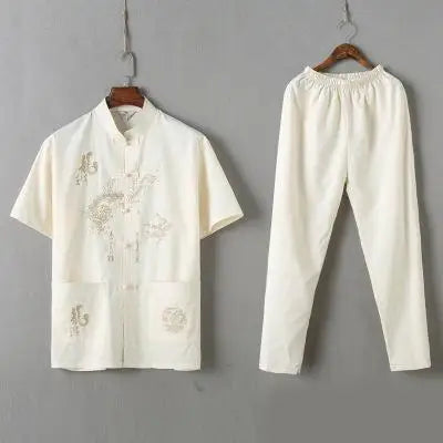 Casual Mandarin Collar Short Sleeve Shirt&amp;Pant For Men Oriental Male Dragon Tang Suit Chinese Traditional Kung Fu Clothing