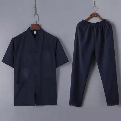 Casual Mandarin Collar Short Sleeve Shirt&amp;Pant For Men Oriental Male Dragon Tang Suit Chinese Traditional Kung Fu Clothing