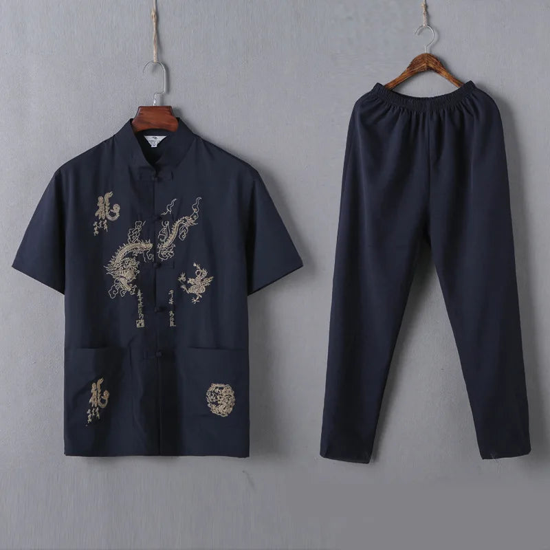 Casual Mandarin Collar Short Sleeve Shirt&amp;Pant For Men Oriental Male Dragon Tang Suit Chinese Traditional Kung Fu Clothing