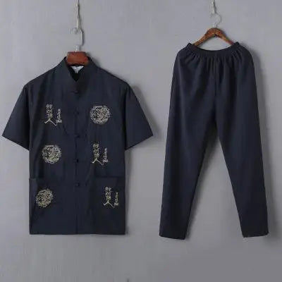 Casual Mandarin Collar Short Sleeve Shirt&amp;Pant For Men Oriental Male Dragon Tang Suit Chinese Traditional Kung Fu Clothing