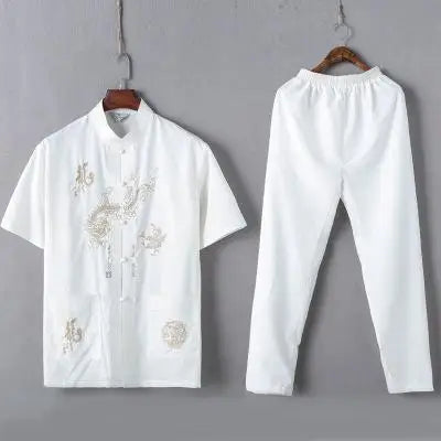 Casual Mandarin Collar Short Sleeve Shirt&amp;Pant For Men Oriental Male Dragon Tang Suit Chinese Traditional Kung Fu Clothing
