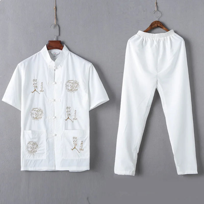 Casual Mandarin Collar Short Sleeve Shirt&amp;Pant For Men Oriental Male Dragon Tang Suit Chinese Traditional Kung Fu Clothing