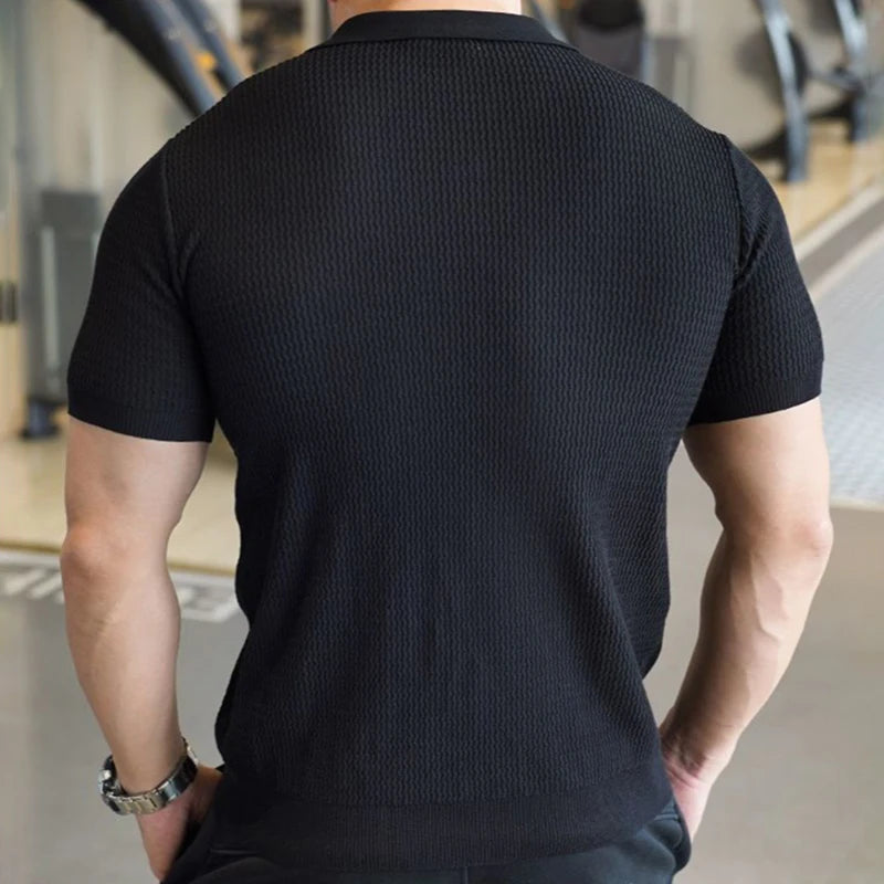 Men's Knitted Business Polo Shirt Summer Ice Silk Breathable Elastic Slim Fit Solid Color Lapel Short Sleeve Knitted T-Shirt Top