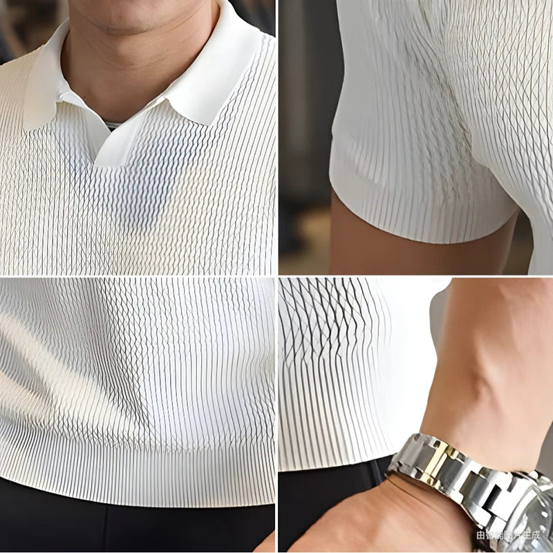 Men's Knitted Business Polo Shirt Summer Ice Silk Breathable Elastic Slim Fit Solid Color Lapel Short Sleeve Knitted T-Shirt Top