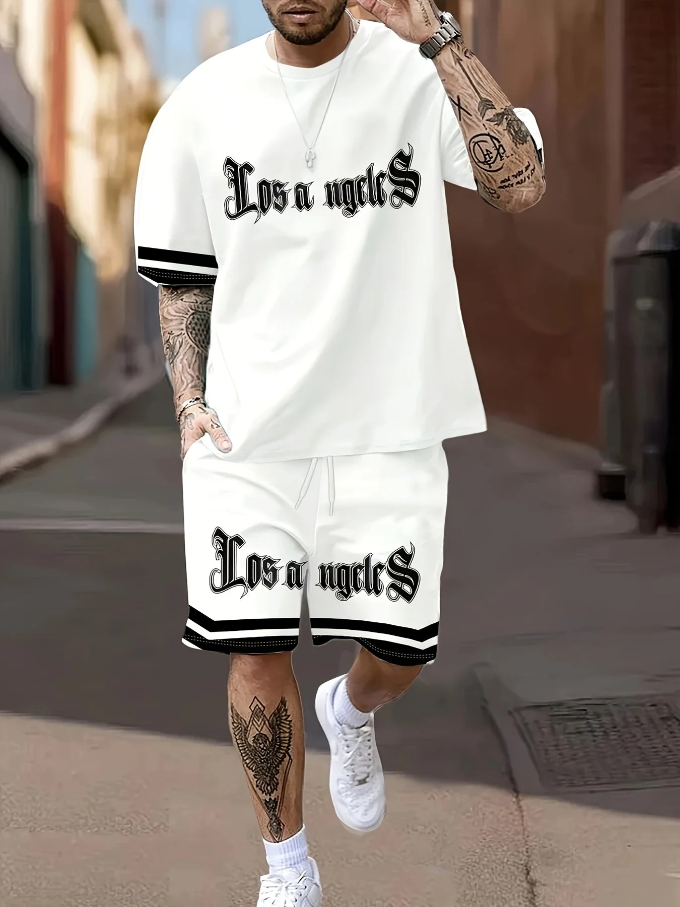 Fashionable Men's Summer Gothic Letter Printed Comfortable Breathable Round Neck T-shirt Shorts Set Outdoor Casual Clothing