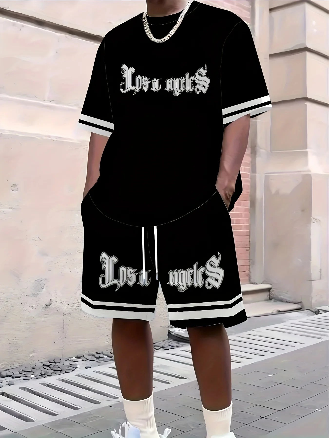 Fashionable Men's Summer Gothic Letter Printed Comfortable Breathable Round Neck T-shirt Shorts Set Outdoor Casual Clothing